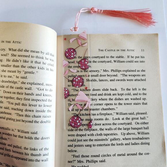 Disco Ball Cherry Print Bookmark Acrylic Pink Cute Coquette Bookish Gift For Her - Picture 1 of 14
